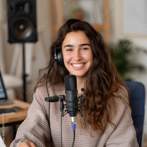 Smiling woman podcasting home studio, equipment background