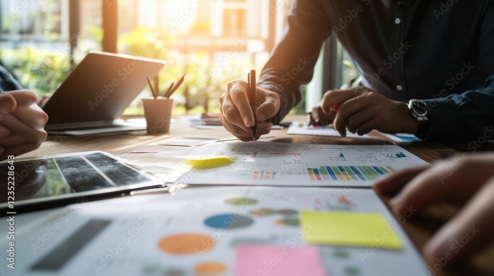 Two creative business people meeting and planning use note on desk to share idea, Analysis data chart and graph with teamwork strategy brainstorming in office.