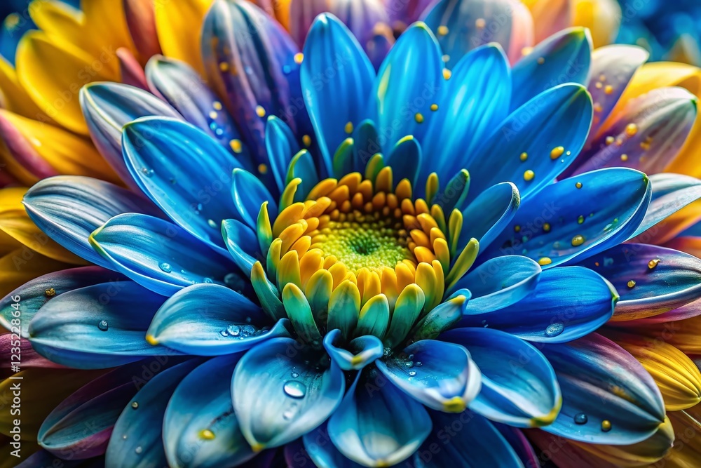 Obraz premium Abstract Floral Delight: Paint-Splattered Flower in Azure and Gold