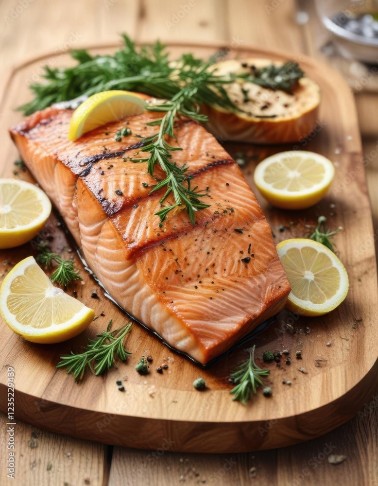 Close-up of grilled salmon fillet with lemon and herbs on a wooden plate, fish, seafood Close-up of grilled salmon fillet with lemon and herbs on a wooden plate, fish, seafood