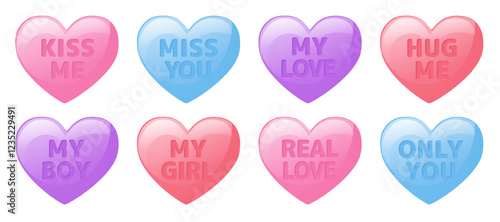 Candy hearts for love conversation for Valentines day. Sweethearts candies in pastel colors with romantic text messages and cute words isolated on white background, vector cartoon illustration