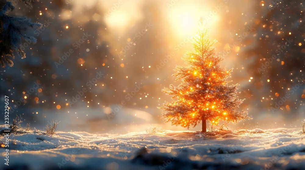 A small Christmas tree is lit up in the snow