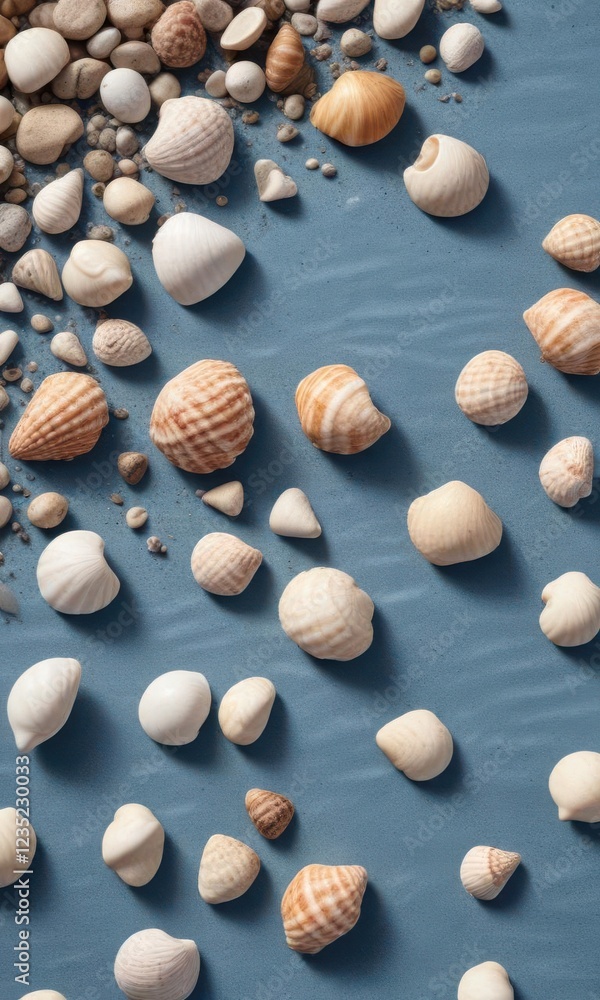 Close-up of seashells and pebbles scattered on a blue striped sandy surface, coastal, rocky Close-up of seashells and pebbles scattered on a blue striped sandy surface, coastal, rocky