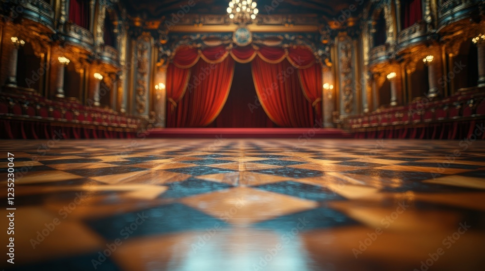 Obraz premium Ornate theater stage floor with red curtain and opulent hall