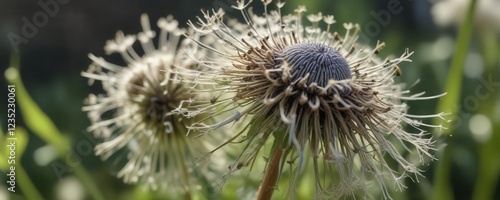 Close-up of the Pusteblume L?wenzahn's intricate details including the seed head and leaves with a soft focus effect,  meadow, flora photo