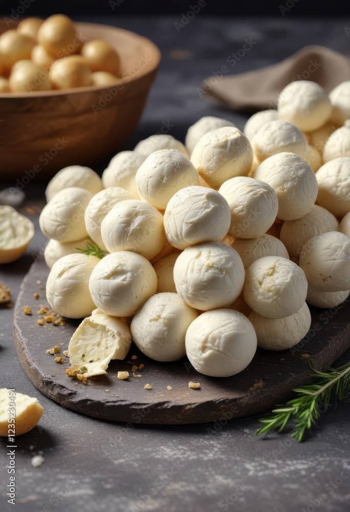 Cluster of artisanal goat cheese balls on stone plate , earthy, natural Cluster of artisanal goat cheese balls on stone plate , earthy, natural