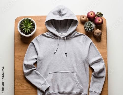 Casual gray hoodie displayed on a wooden surface with plants and apples, conveying a relaxed vibe.