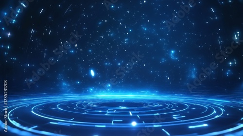 A mesmerizing cosmic background showcasing glowing blue circular patterns, enveloped in sparkling stars, representing vastness and infinite possibilities of the universe.