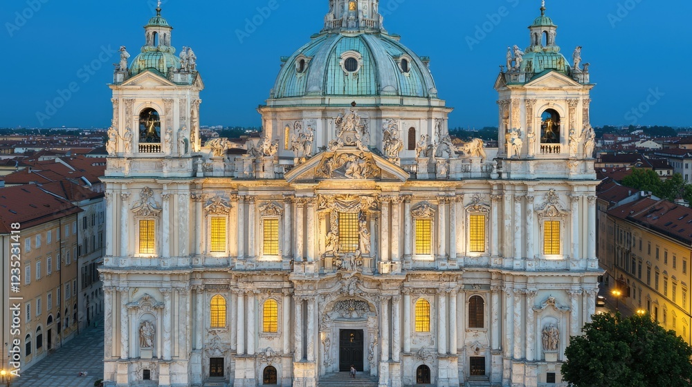 Fototapeta premium Illuminated Baroque Church Facade at Dusk in City