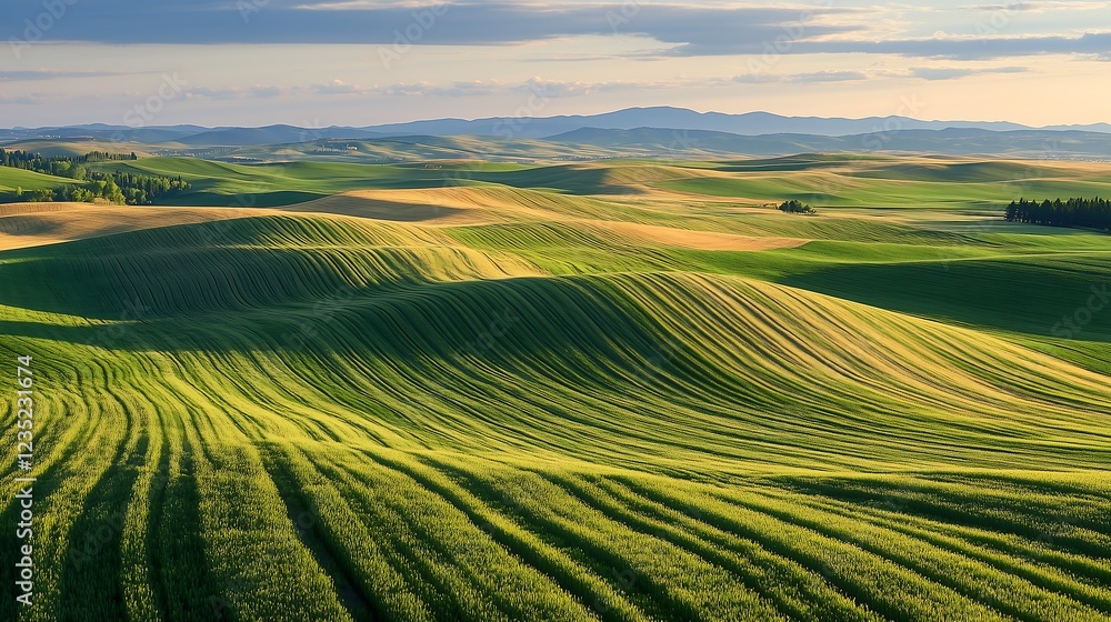 Obraz premium Vibrant green rolling hills under a golden sunset.