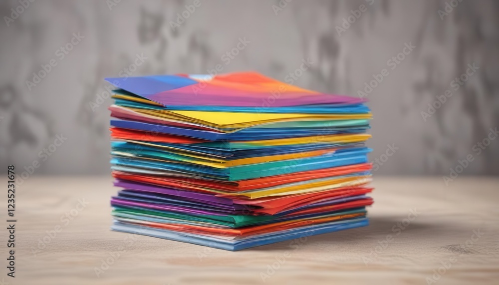 Colorful brochure stacked on a table with a subtle background blur, print, publication Colorful brochure stacked on a table with a subtle background blur, print, publication