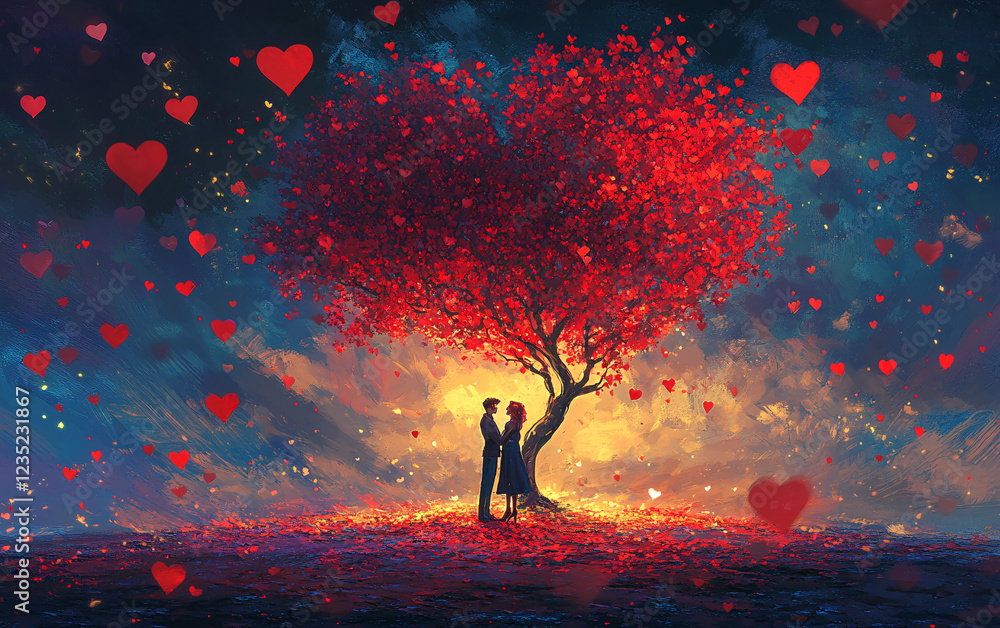 Romantic Couple Standing Under a Glowing Heart-Shaped Tree, Dreamlike Fantasy Scene with Floating Red Petals and a Magical Twilight Sky Romantic Couple Standing Under a Glowing Heart-Shaped Tree, Dreamlike Fantasy Scene with Floating Red Petals and a Magical Twilight Sky