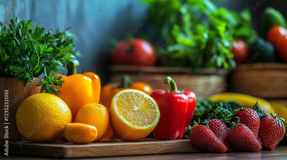 A vibrant arrangement of fresh fruits and vegetables showcasing oranges, peppers, and strawberries, perfect for promoting healthy eating and colorful cuisine. A vibrant arrangement of fresh fruits and vegetables showcasing oranges, peppers, and strawberries, perfect for promoting healthy eating and colorful cuisine.