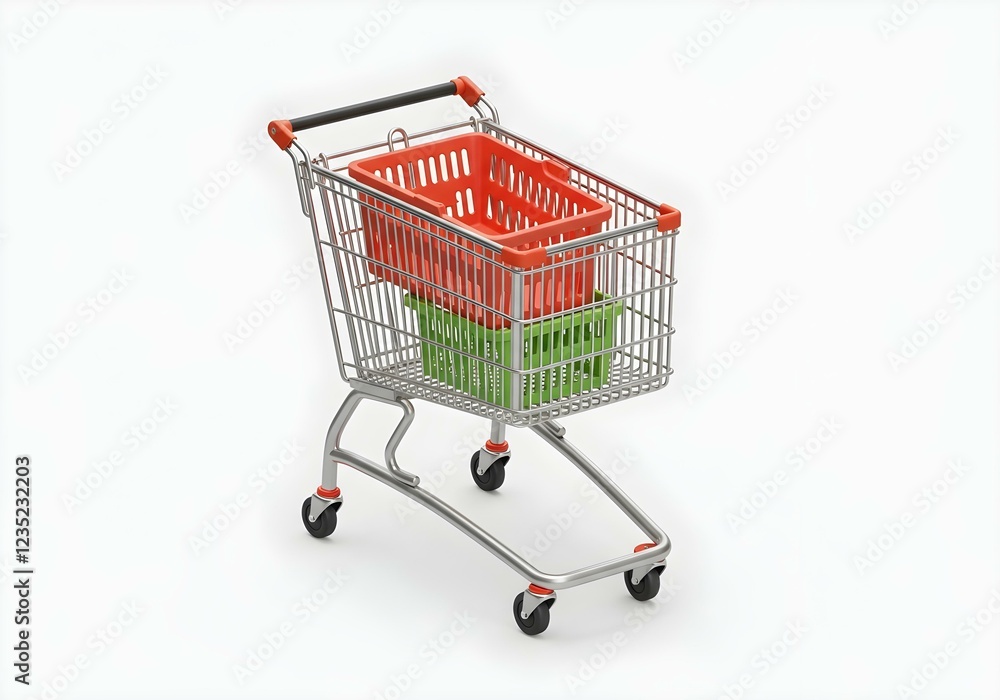 3D Shopping Cart with a metallic frame and colorful plastic baskets, isolated on a bright white background, showcasing the cart's wheels and handle in detail create with ai 3D Shopping Cart with a metallic frame and colorful plastic baskets, isolated on a bright white background, showcasing the cart's wheels and handle in detail create with ai