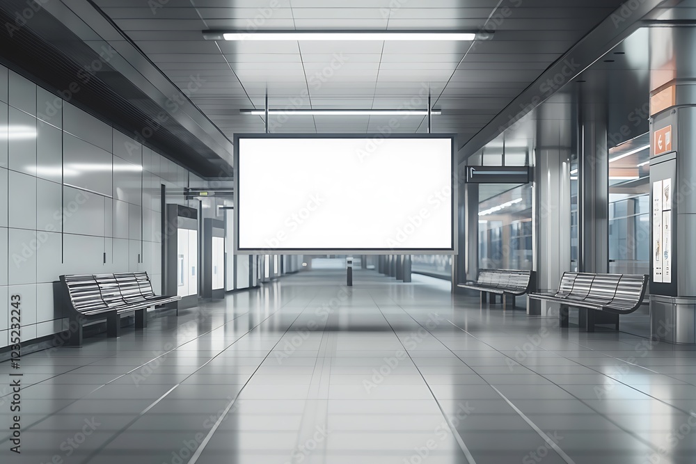 A modern, empty train station interior featuring benches and a large blank advertising screen.