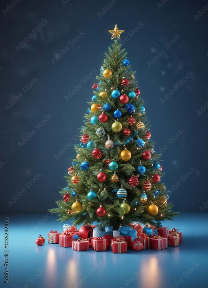 Fototapeta premium Colorful Christmas tree on a blue background with festive ornaments and lights , decoration, christmas tree