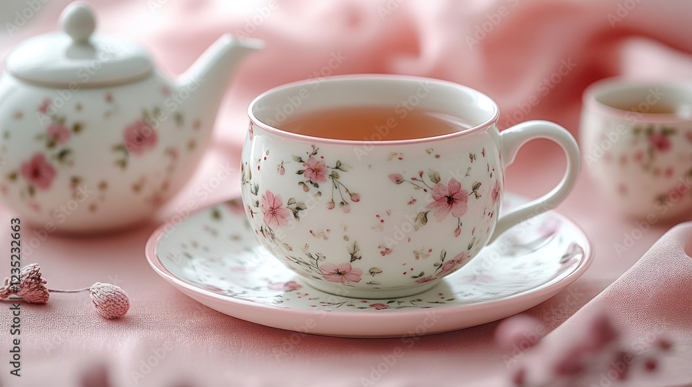 Delicate floral tea set on a soft pink background Delicate floral tea set on a soft pink background