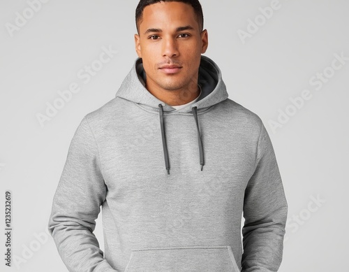 Young Middle-Eastern man in a stylish gray hoodie, exuding confidence and a modern vibe.