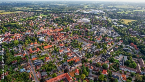 Aerial view around the old town of the city Westerstede on a sunny day in spring photo