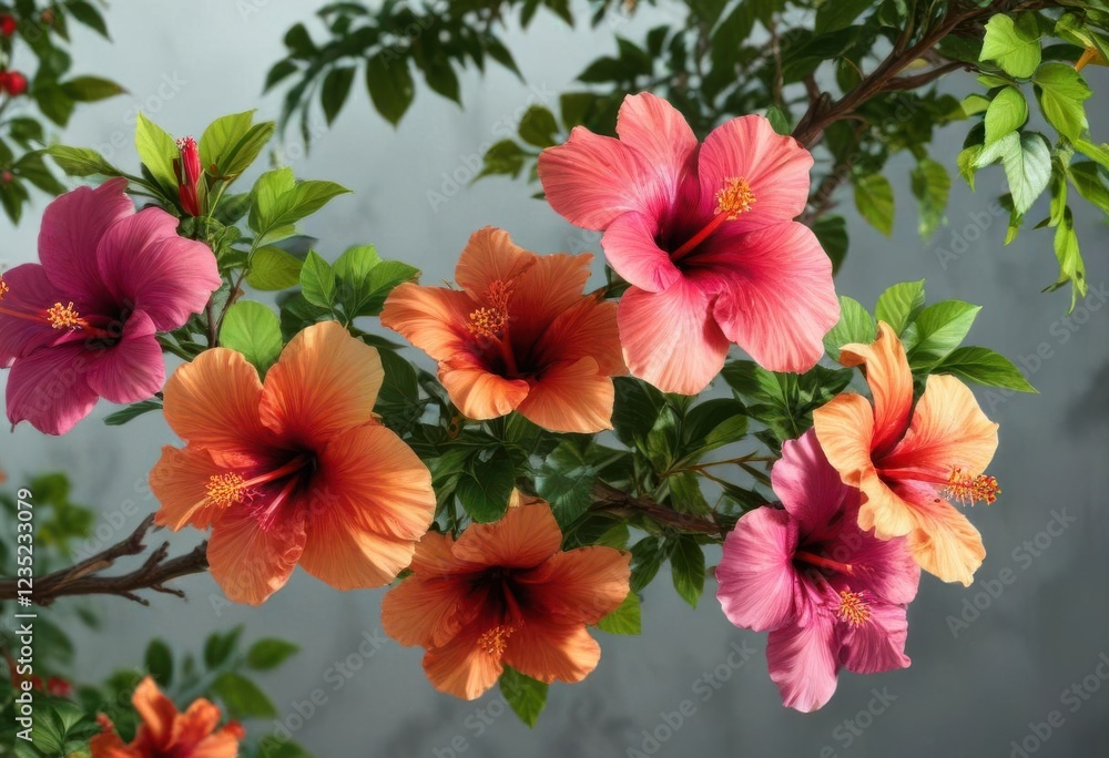 Colorful hibiscus flowers blooming on a tree branch, blossoms, colorful blooms Colorful hibiscus flowers blooming on a tree branch, blossoms, colorful blooms