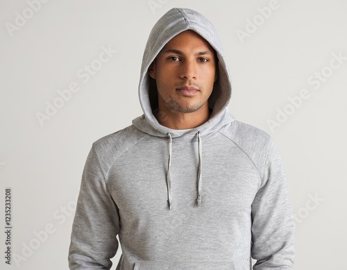A young male model wearing a gray hoodie, looking confidently at the camera against a neutral background.
