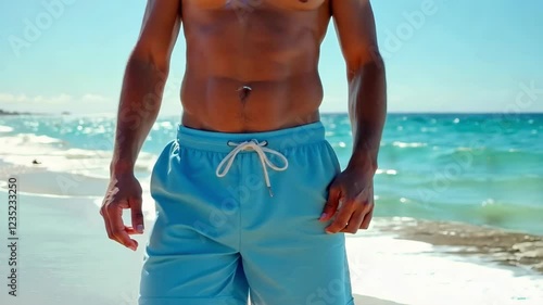 A man is walking on the beach wearing a blue swim trunks. The beach is calm and the water is clear
