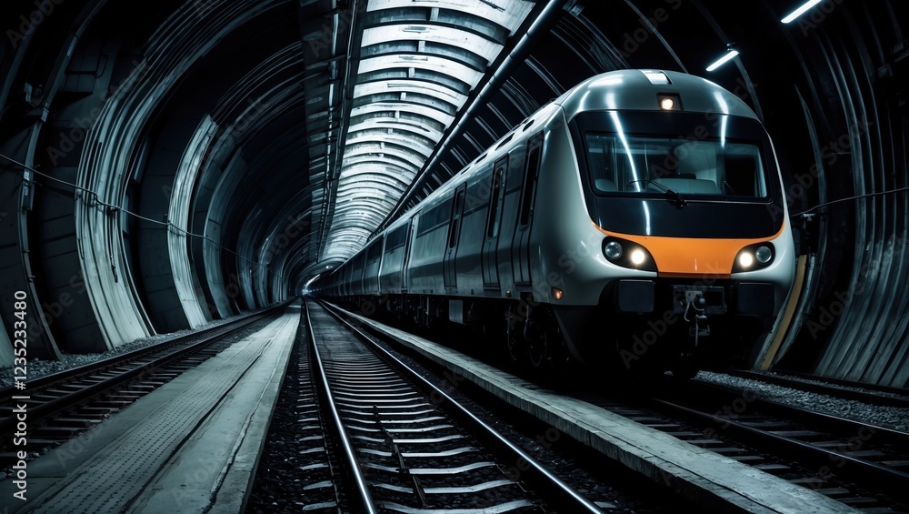 Naklejka premium Modern train entering dark tunnel with metallic reflections and urban ambiance