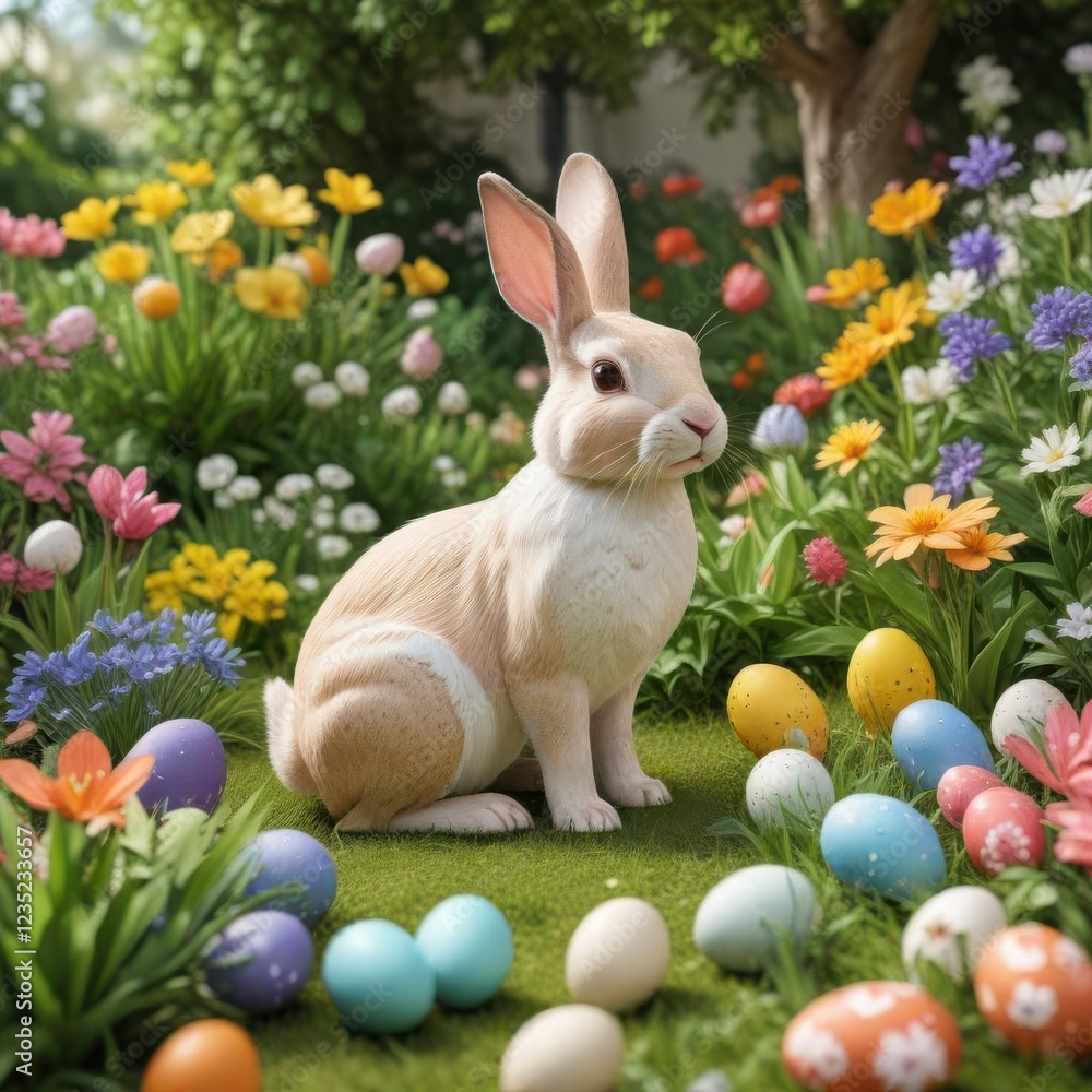 Obraz premium Colorful paper cut rabbit surrounded by eggs and spring flowers in a garden scene, eggs, spring