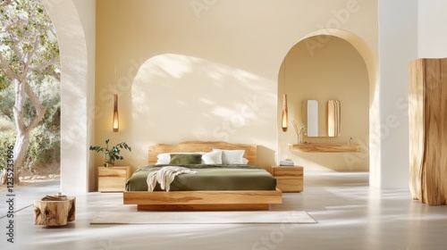  bedroom with soft yellow walls, a low-profile bed olive green linens, handcrafted wooden furniture, and layered lighting creating a serene 