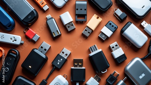 Diverse USB Drives and Chargers - Abstract Background