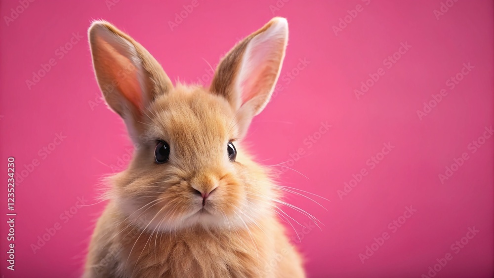 Fototapeta premium Adorable Close-Up of a Little Rabbit on a Pink Background with Copy Space for Text - Perfect for Easter, Spring, or Pet-Related Designs