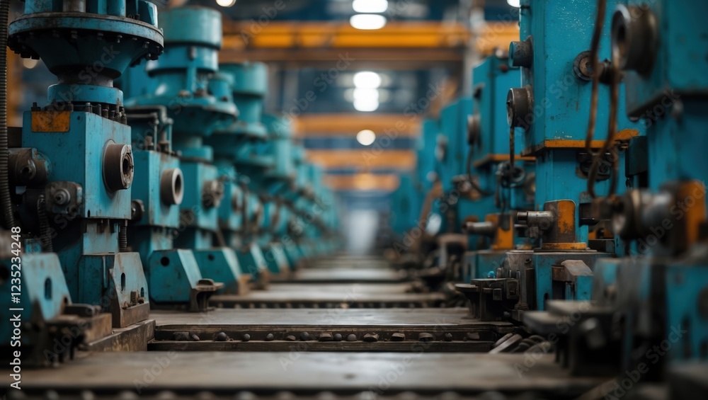 Naklejka premium Industrial machinery with blue elements in a factory setting showcasing manufacturing process.