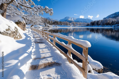Wallpaper Mural Snowy Winter Lake Path, Wooden Bridge and Mountain View Torontodigital.ca