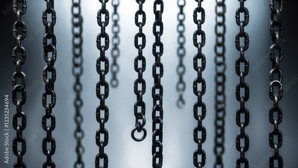 Abstract background of suspended chains in a misty industrial setting with metallic textures. Abstract background of suspended chains in a misty industrial setting with metallic textures.