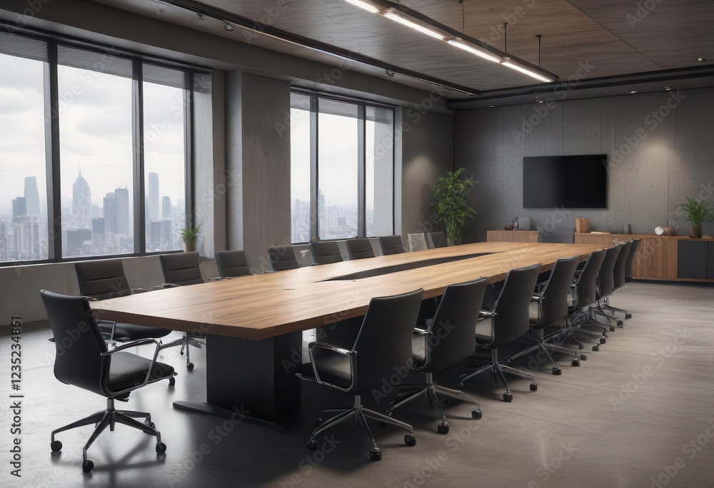 Fototapeta premium Conference table with architects seated around it, , sketches