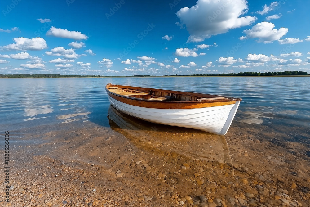 White and Brown Rowboat on Calm Lake Under Blue Sky with Fluffy White and Brown Rowboat on Calm Lake Under Blue Sky with Fluffy