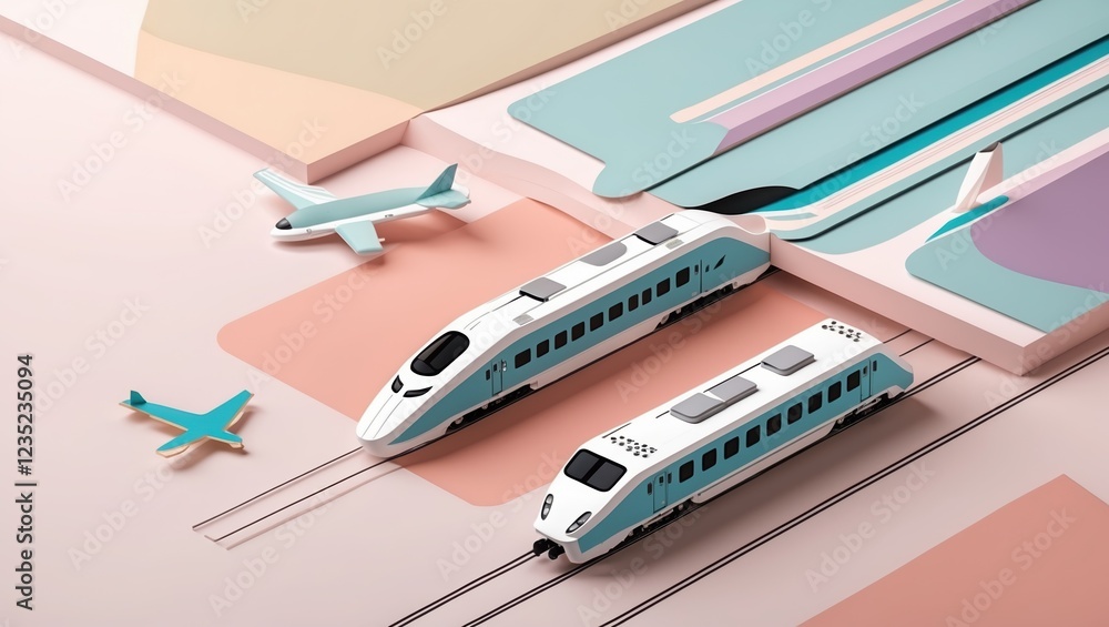 Fototapeta premium Colorful modern trains and airport elements with pastel geometric shapes.