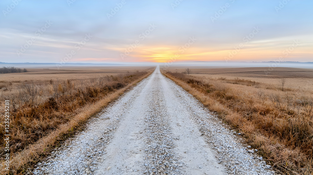 Naklejka premium Sunrise over flat farmland, gravel road vanishing point