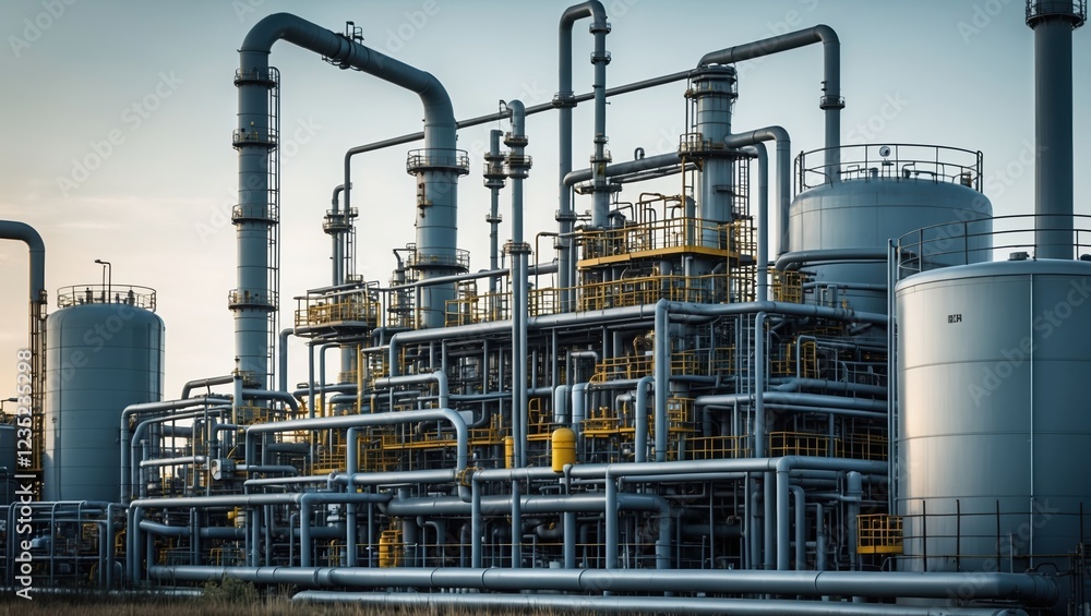 Industrial complex with pipes and tanks against sunset, highlighting energy production. Industrial complex with pipes and tanks against sunset, highlighting energy production.