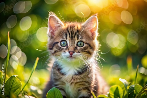 Adorable Kitten in Garden, Soft Bokeh Background, Pet Portrait Photography