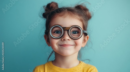 Happy girl with stylish glasses smiling on blue background, children s eyewear, vision correction photo