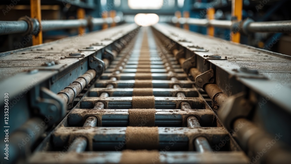 Industrial conveyor belt with metal rollers in factory setting. Industrial conveyor belt with metal rollers in factory setting.