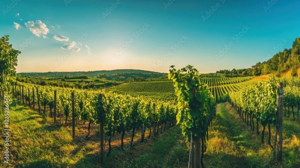 Fototapeta premium A panoramic view of a vineyard during harvest season, Vineyard scene, Winemaking tradition style