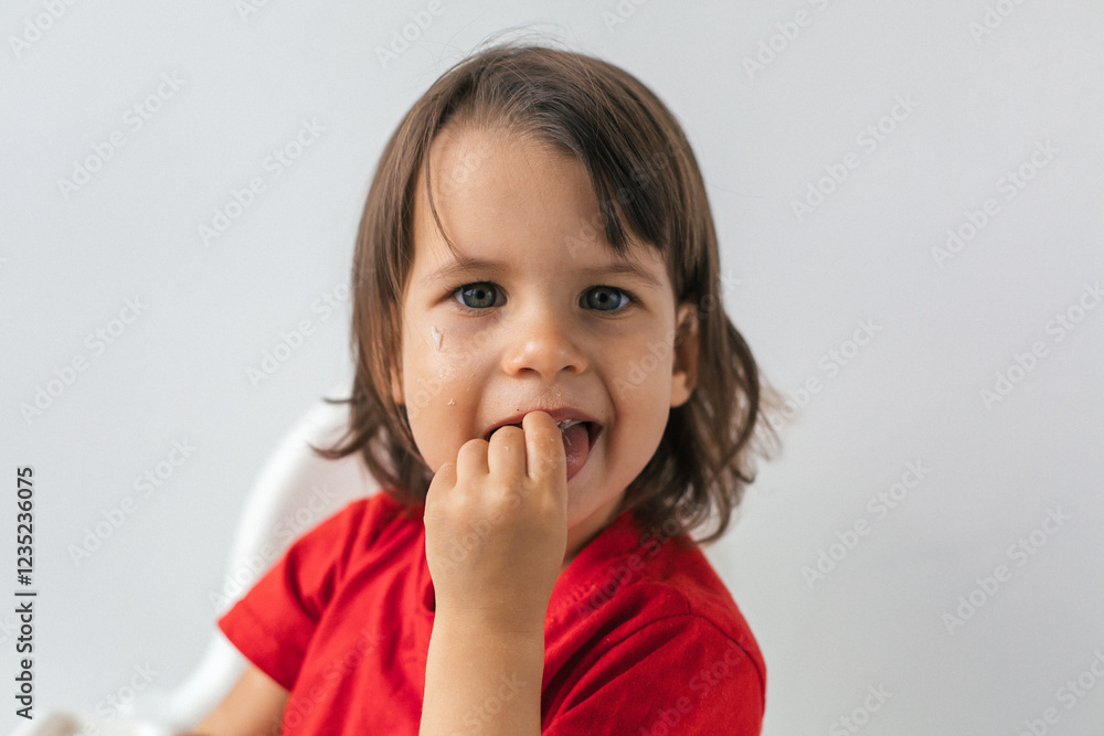 Curious little girl with dark hair wearing a red shirt, eating with her fingers and looking at the camera with food crumbs on her face. Concept of childhood, exploration, and natural eating Curious little girl with dark hair wearing a red shirt, eating with her fingers and looking at the camera with food crumbs on her face. Concept of childhood, exploration, and natural eating