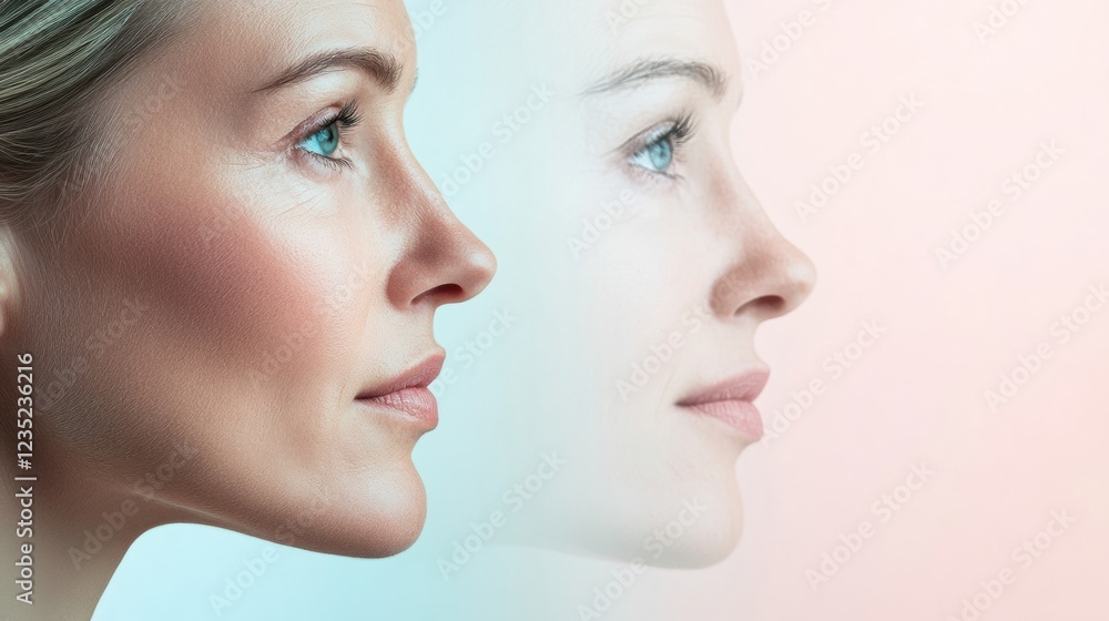 Contrasting youthful and aging faces showcase the passage of time and beauty differences in a serene setting. Generative AI Contrasting youthful and aging faces showcase the passage of time and beauty differences in a serene setting. Generative AI