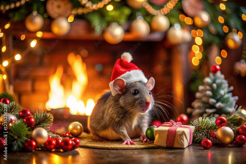 Adorable Rat in Santa Hat by Fireplace, Cozy Christmas Living Room Adorable Rat in Santa Hat by Fireplace, Cozy Christmas Living Room