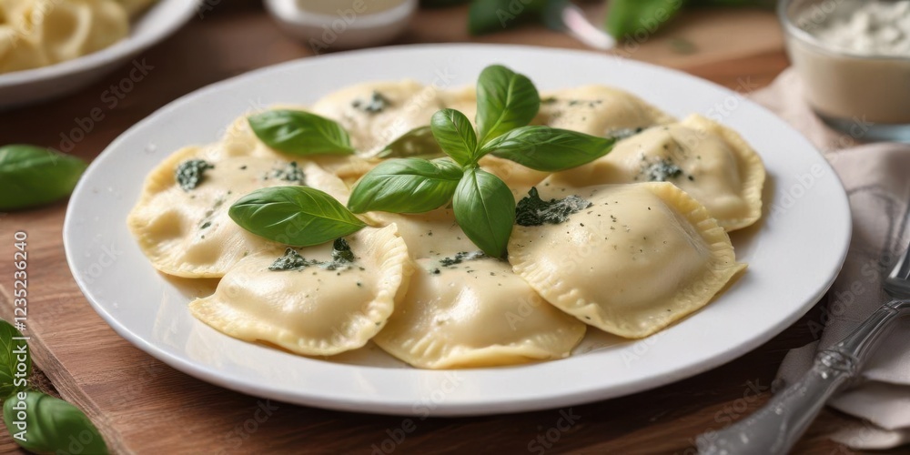 Creamy white ravioli half on plate, with basil leaves and ricotta cheese, appetizer, italian food Creamy white ravioli half on plate, with basil leaves and ricotta cheese, appetizer, italian food