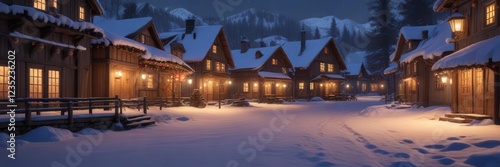 Cozy wooden village scene with lanterns and snow-covered houses in the evening light,  holly,  snow
