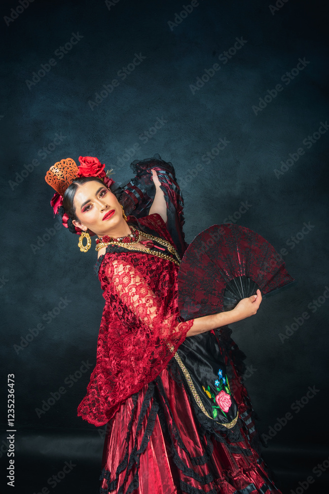 A woman in a red dress is holding a fan A woman in a red dress is holding a fan