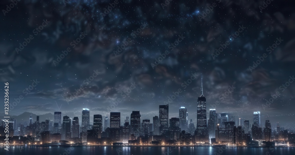 Obraz premium Dark blue night sky with glittering bokeh and sparkling stars above a cityscape, urban, glitter